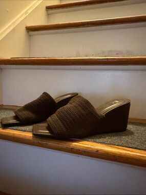 Zara Dark Brown Knit Wedge Slide Sandals
